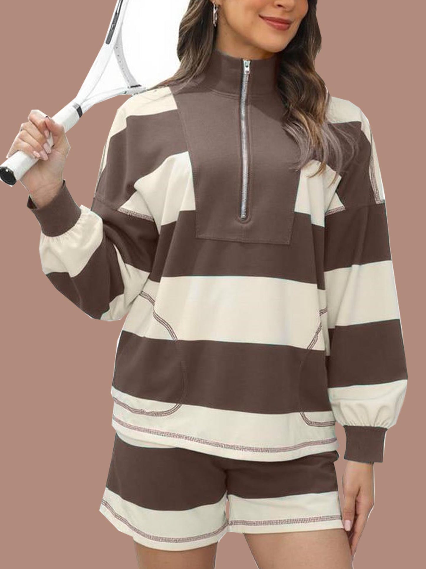 Women's 2 Piece Striped Long Sleeve Quarter Zip Lounge Set