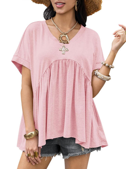 Women's V-Neck Pleated Swing Peplum Babydoll T-Shirt