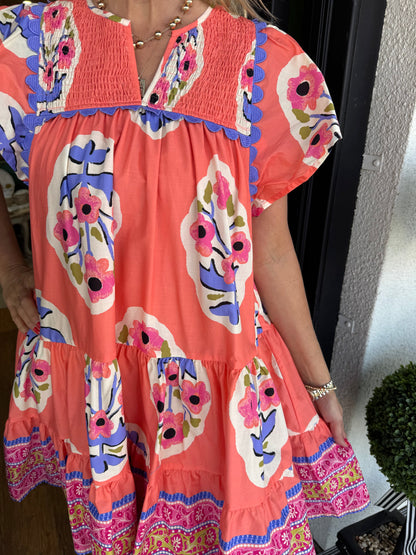 Women's V-neck Puff Sleeve Printed Short Dress