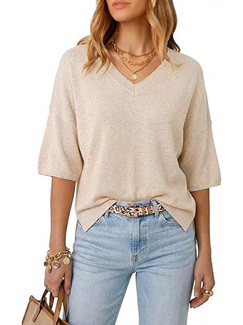 Women's V-Neck Elbow Sleeve Wool Blend Oversized Sweater