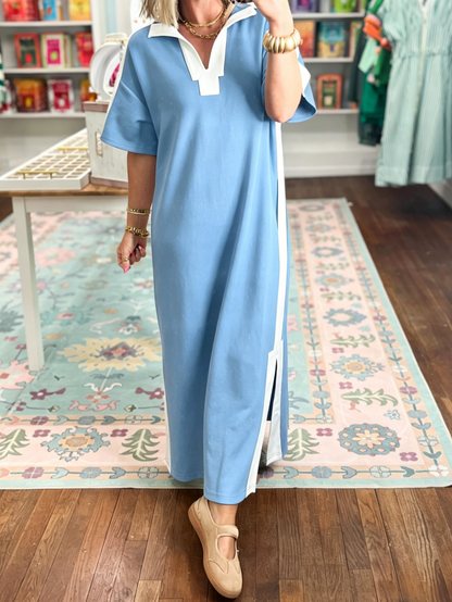 Women's Color Block V-Neck Slit Maxi Dress