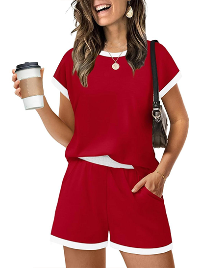 Women's Contrast Trim Crew Neck 2 Piece Short Set