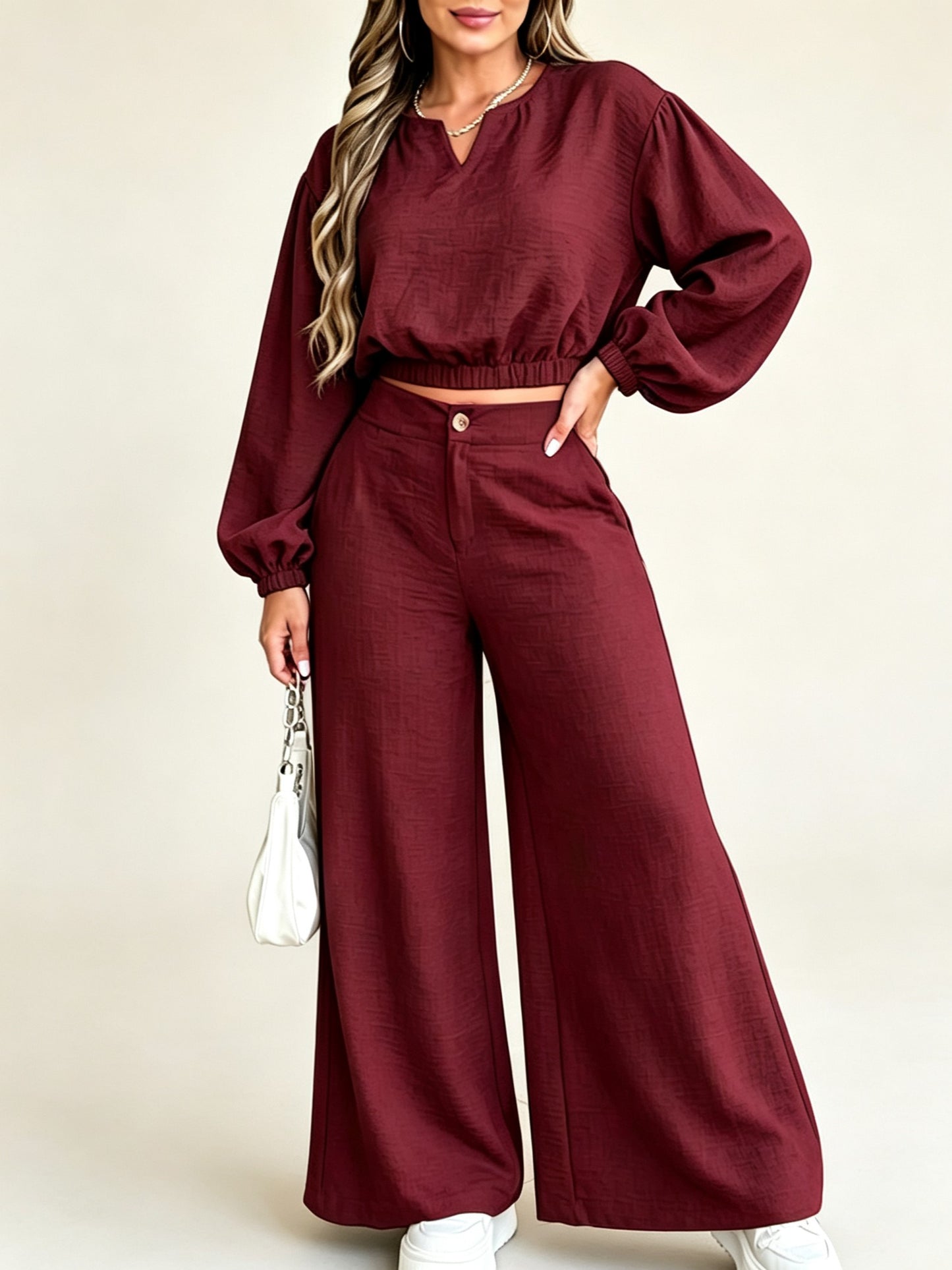 Women's Elastic Cuff Crop Top Wide Leg Trousers Matching Set