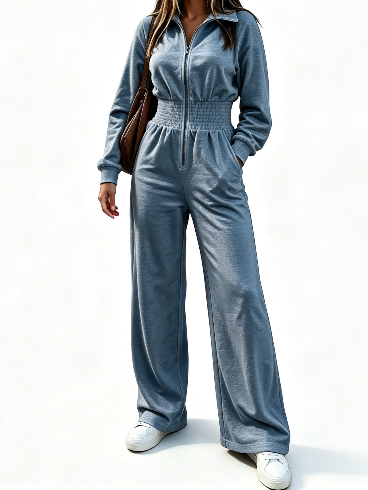 Women's Smocked Waist Zip Front Jumpsuit