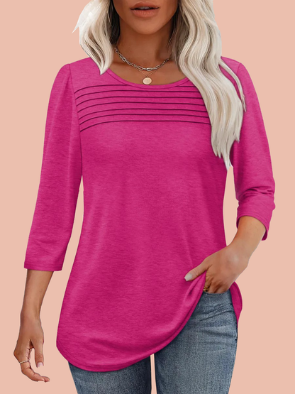 Women's 3/4 Length Sleeve Top Pleated Front T-Shirt