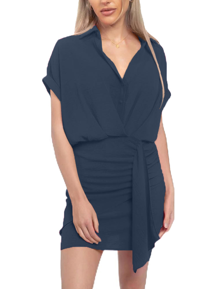 Women's V Neck Shirt Wrap Dress with Ruched Detail