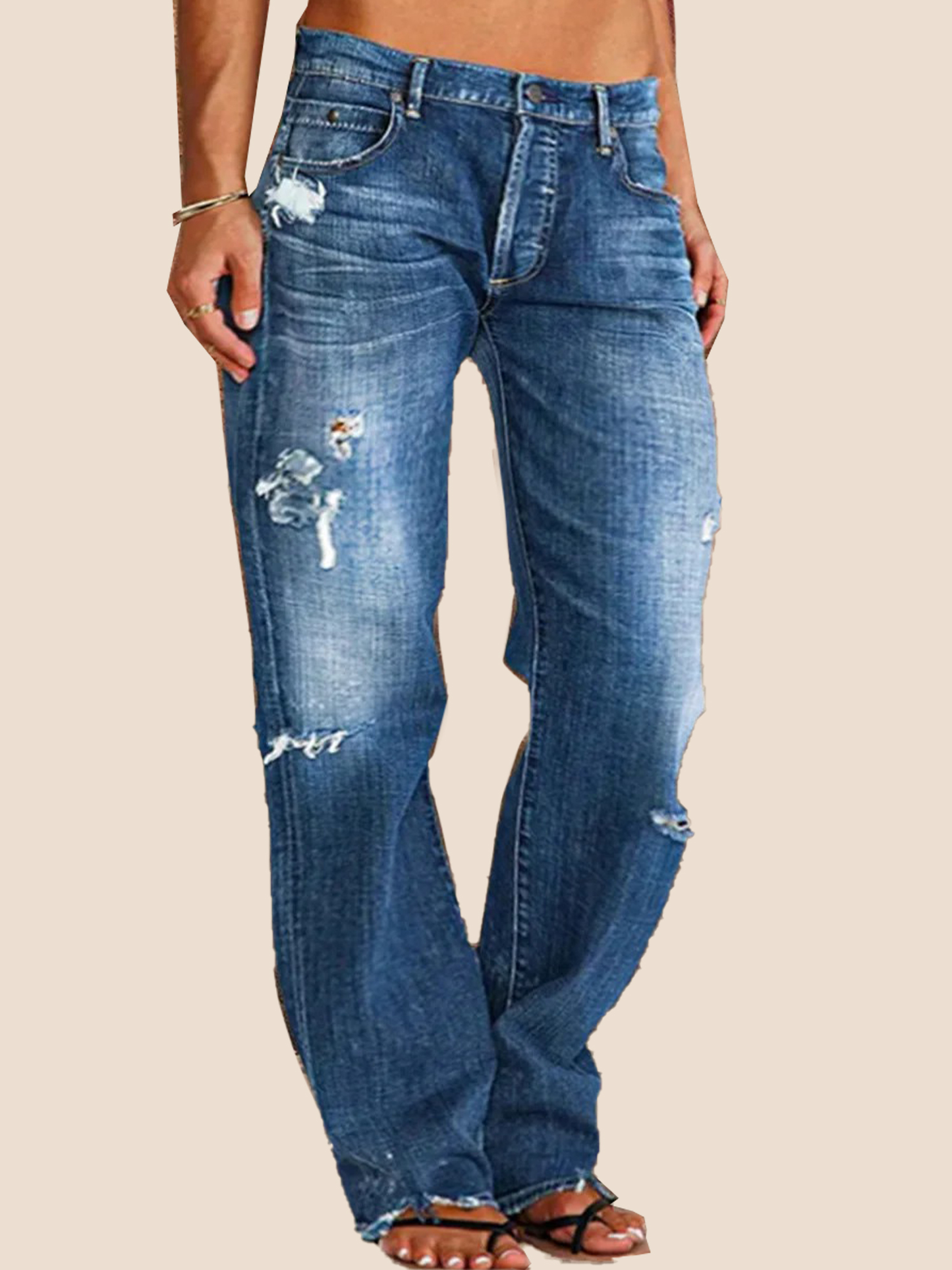 Ripped Low Waist Straight Leg Jeans
