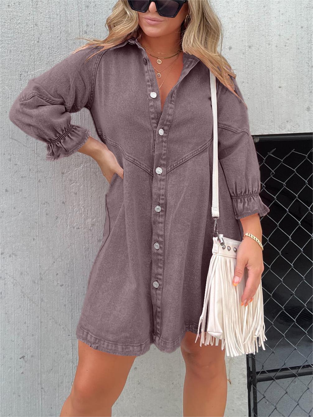 Button Denim Bubble Sleeve Dress
