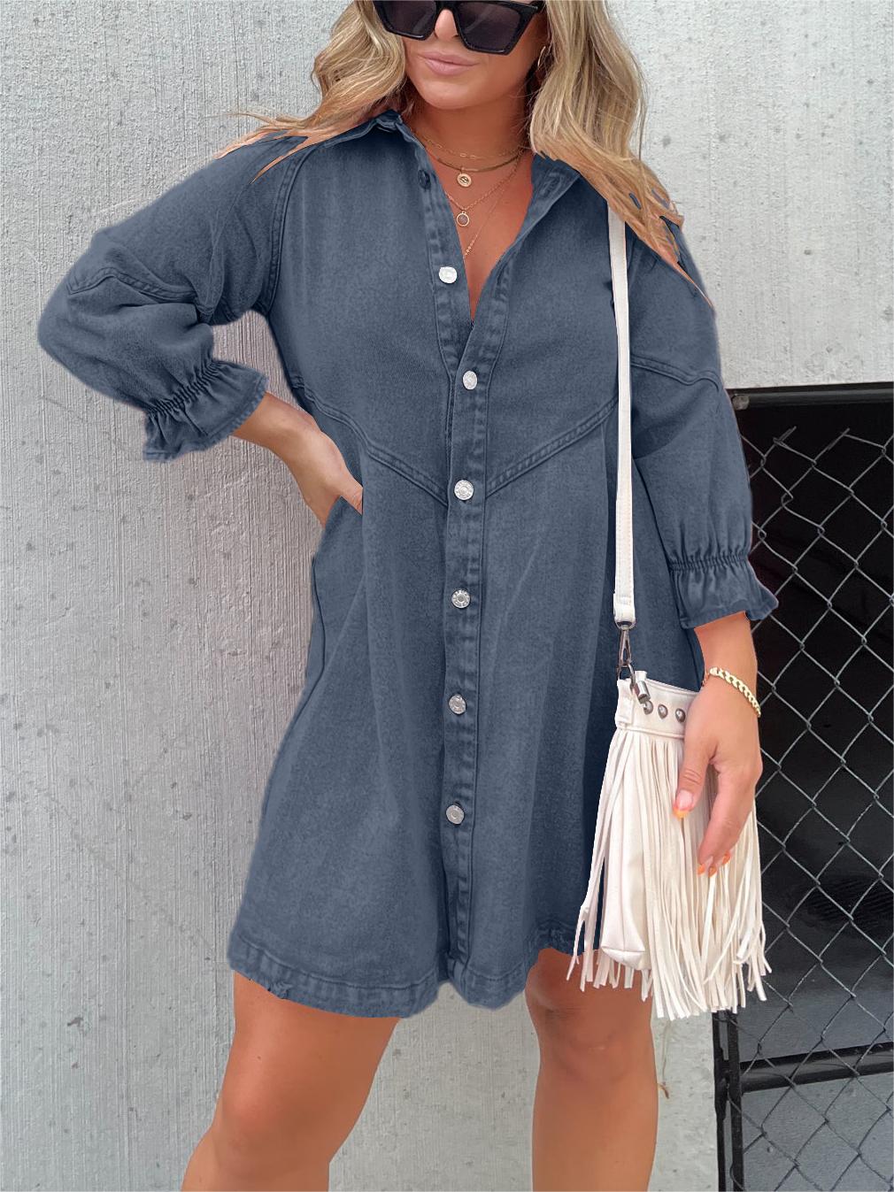 Women's Washed Denim Puff Sleeve Dress