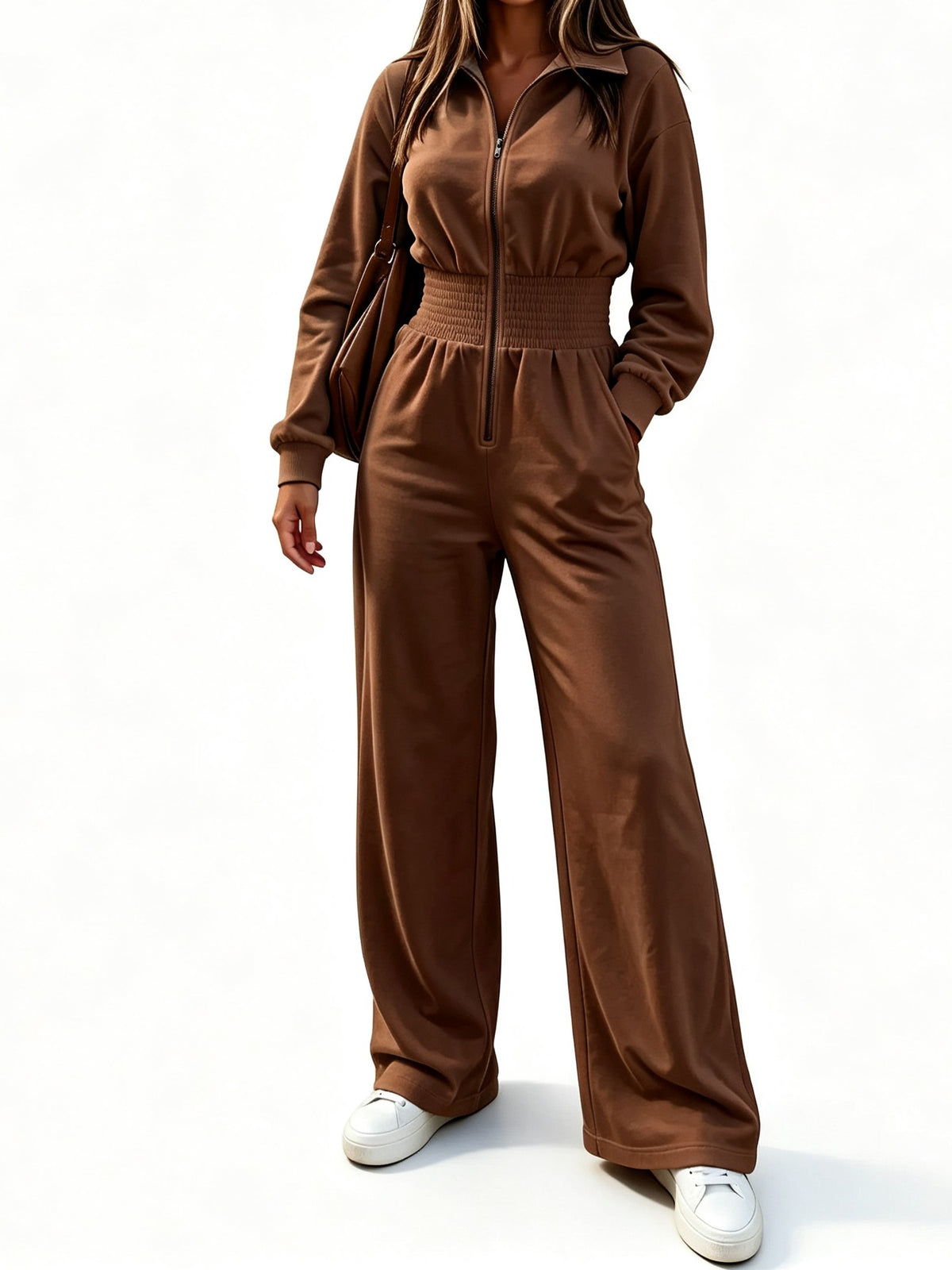 Women's Smocked Waist Zip Front Jumpsuit