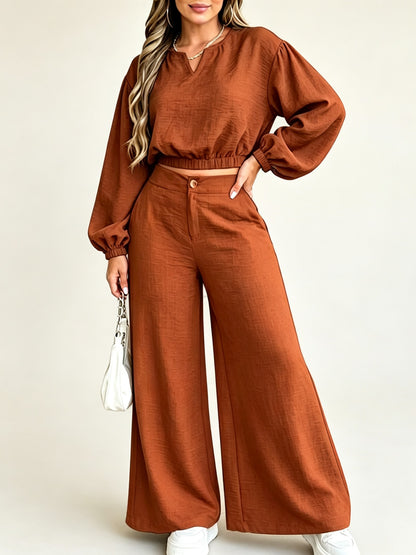 Women's Elastic Cuff Crop Top Wide Leg Trousers Matching Set