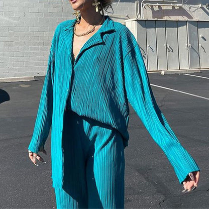Causal Set Loose Button-Down Shirt and Pleated Wide Leg Pants