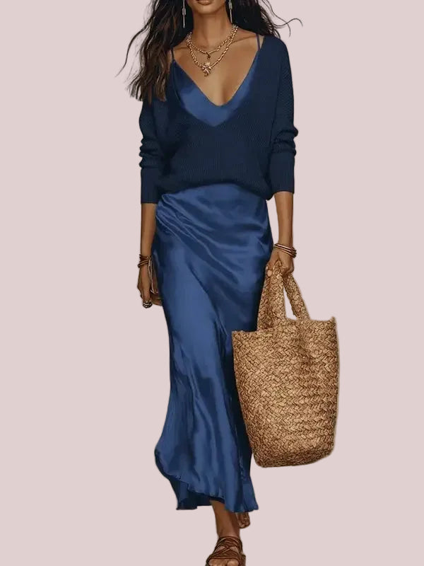 Women's 2-Piece Knit Satin Dress Set