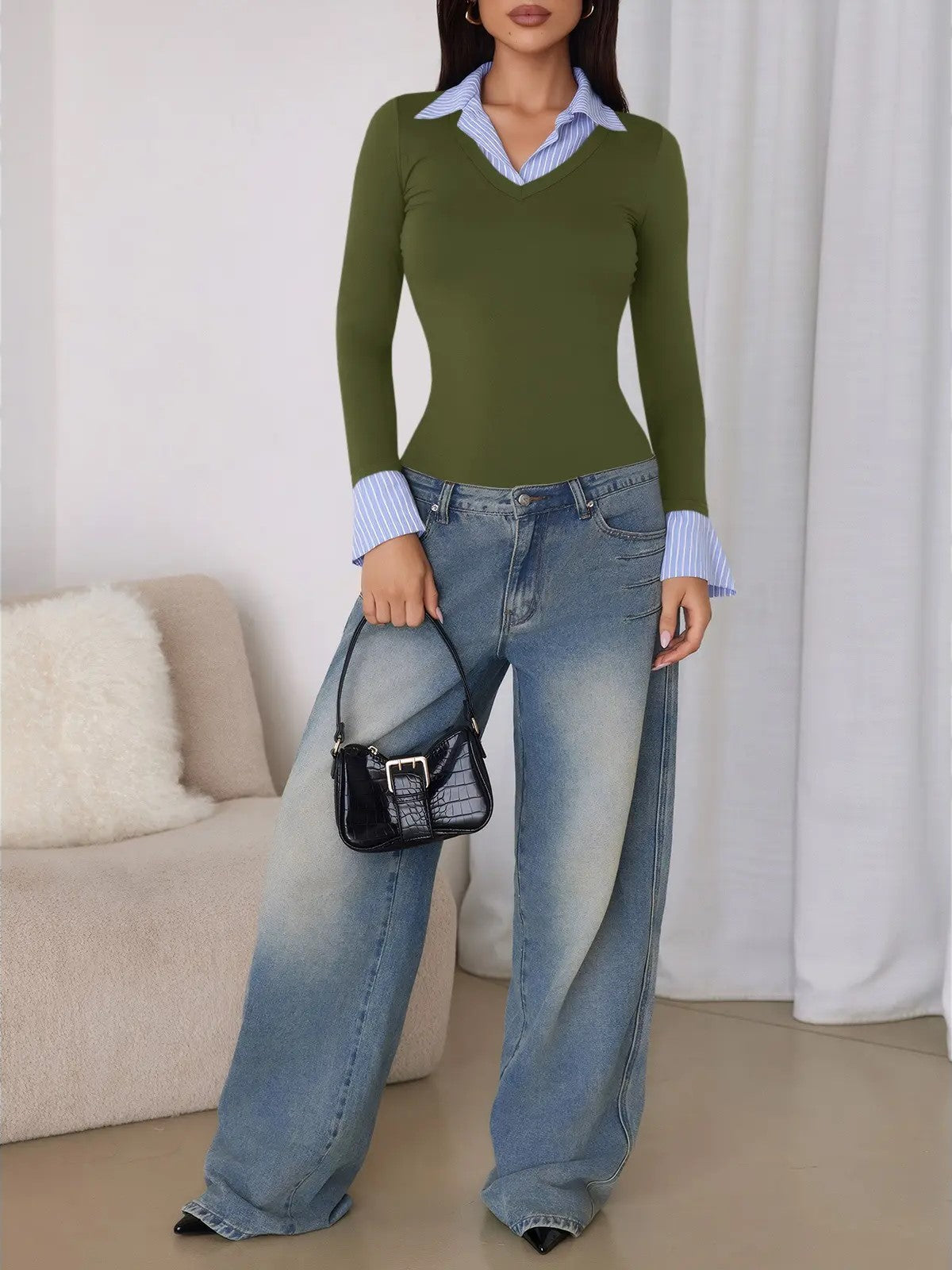 Women's Mock‑Two‑Piece Striped Collar Long‑Sleeve Top