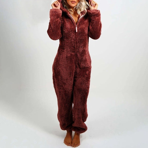 Women's Pajamas Furry Zipper Jumpsuit Hooded Pajamas