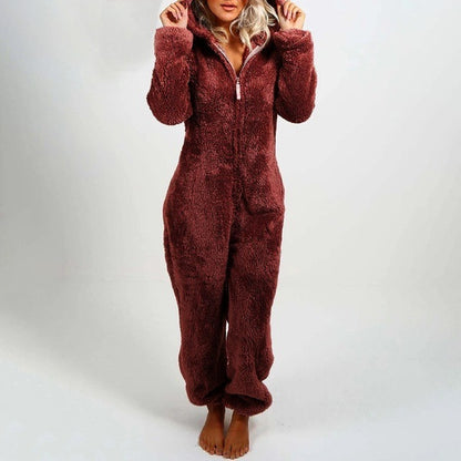 Women's Pajamas Furry Zipper Jumpsuit Hooded Pajamas