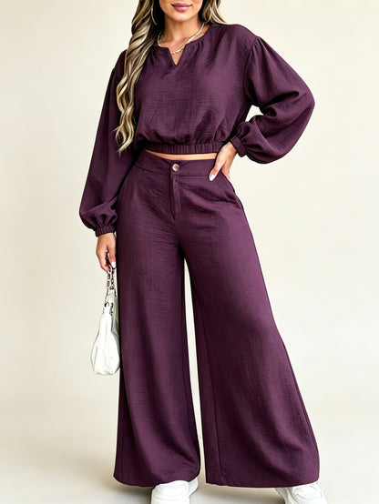 Women's Elastic Cuff Crop Top Wide Leg Trousers Matching Set