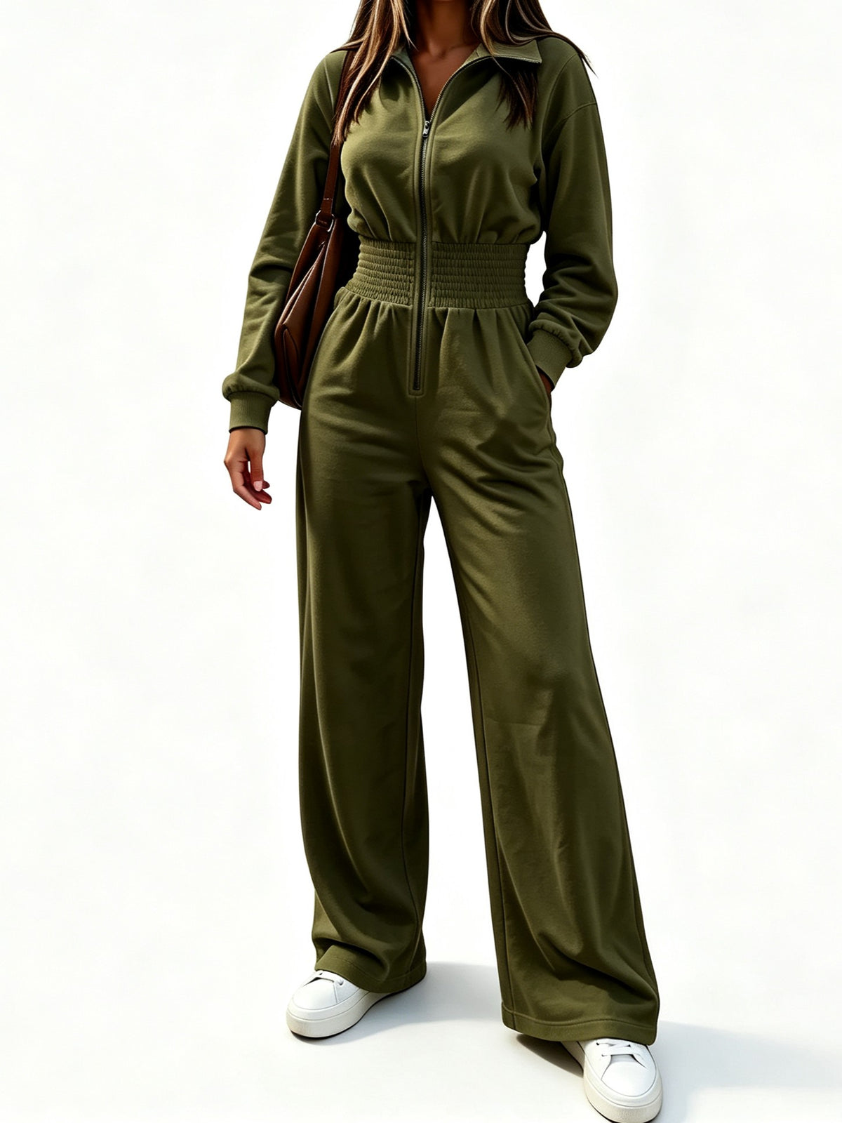 Women's Smocked Waist Zip Front Jumpsuit