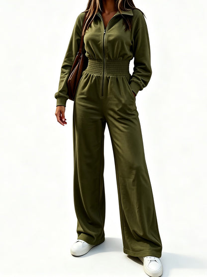 Women's Smocked Waist Zip Front Jumpsuit