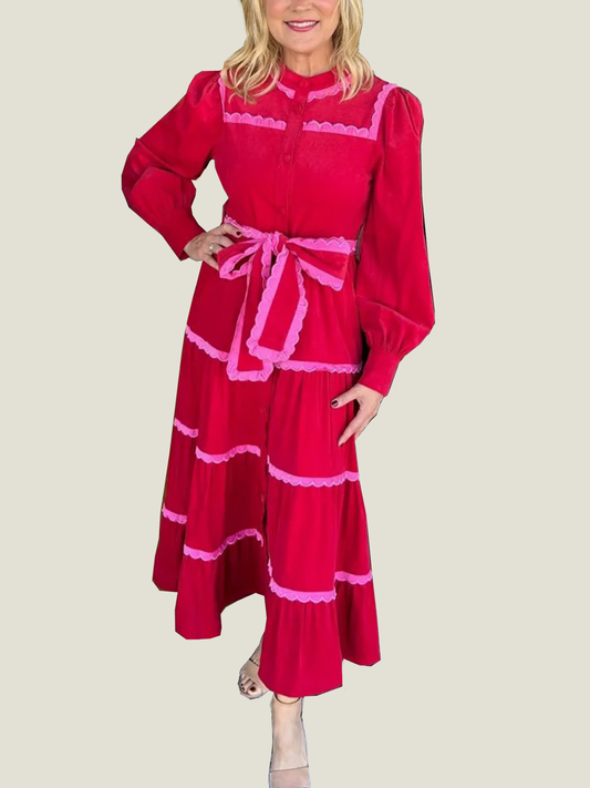 Women's Button Down Scalloped Tiered Corduroy Dress