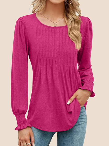 Women's Pleated Puff Long Sleeve Tunic Tops