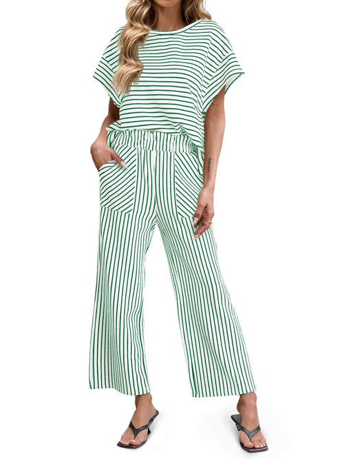 Striped Short Sleeve T-Shirts Wide Leg Pants Two Piece Set (Buy 2 Free Shipping)