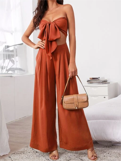 Women's Sexy 2 Pieces Outfits - Tie Front Crop Top