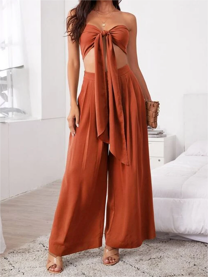 Women's Sexy 2 Pieces Outfits - Tie Front Crop Top