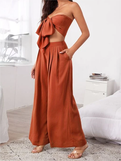 Women's Sexy 2 Pieces Outfits - Tie Front Crop Top