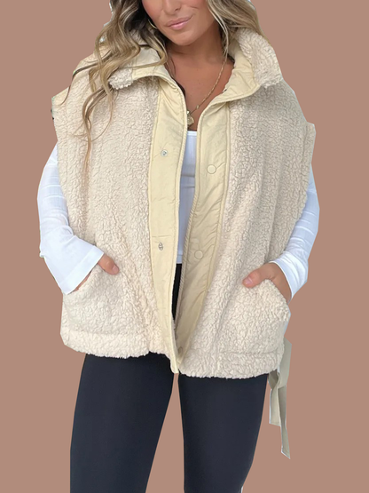 Women's Button Paneled Teddy Fleece Vest Jacket
