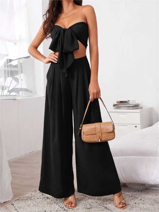 Women's Sexy 2 Pieces Outfits - Tie Front Crop Top