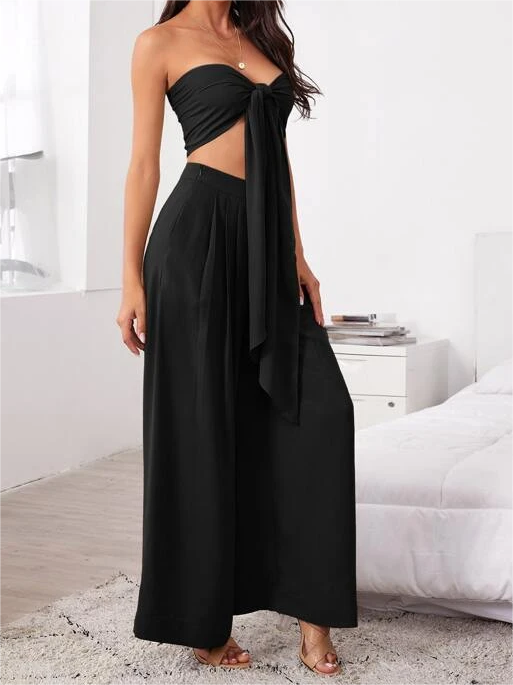 Women's Sexy 2 Pieces Outfits - Tie Front Crop Top