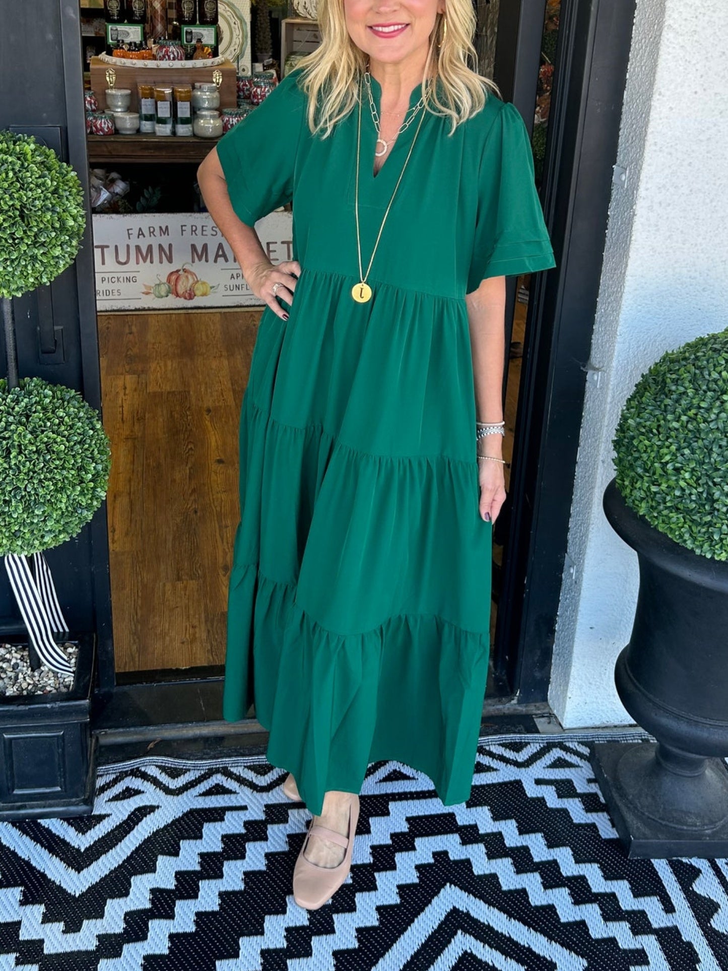 Women's V-Neck Tiered Midi Dress with Pockets