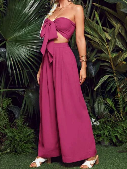 Women's Sexy 2 Pieces Outfits - Tie Front Crop Top
