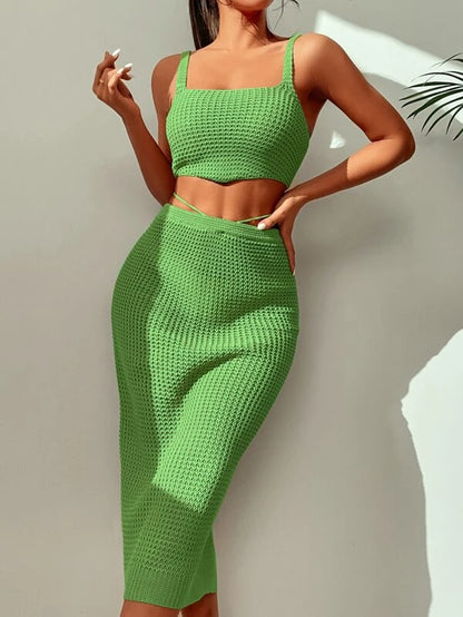 2-Piece Solid Color Knitted Cover Up Skirt With Top Set