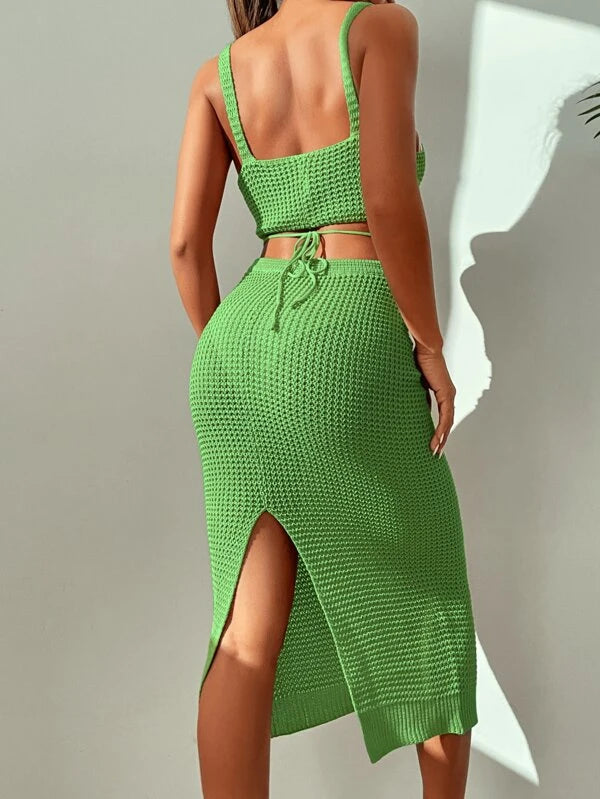2-Piece Solid Color Knitted Cover Up Skirt With Top Set