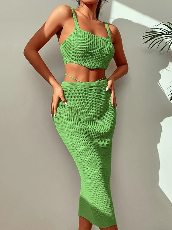 2-Piece Solid Color Knitted Cover Up Skirt With Top Set