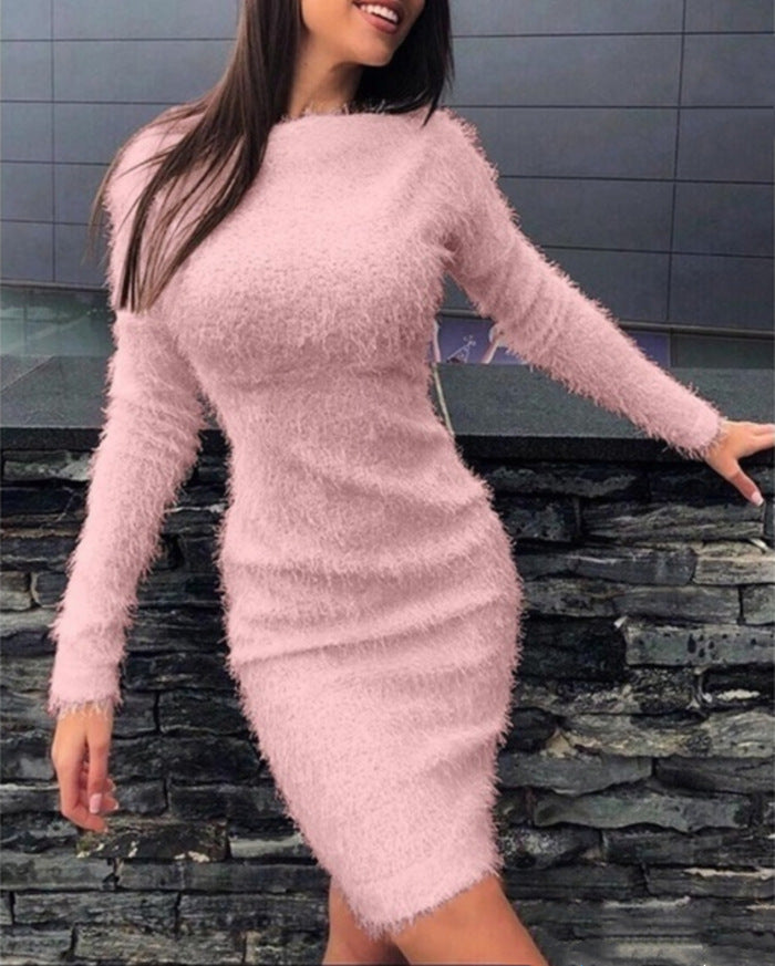 Women's Fashion Plush Sexy Waist Hugging Long-Sleeved Dress