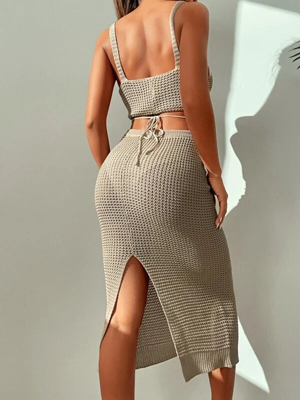 2-Piece Solid Color Knitted Cover Up Skirt With Top Set