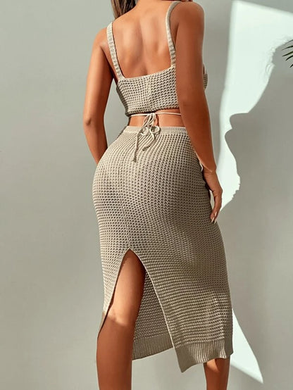 2-Piece Solid Color Knitted Cover Up Skirt With Top Set