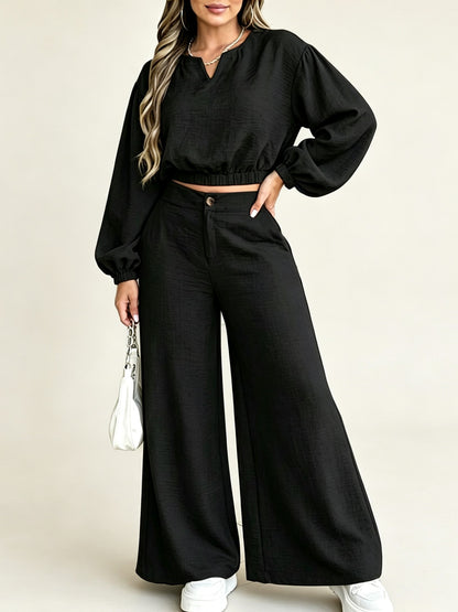 Women's Elastic Cuff Crop Top Wide Leg Trousers Matching Set