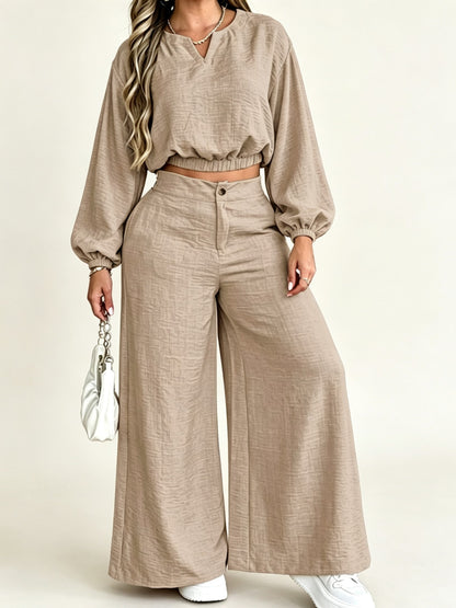 Women's Elastic Cuff Crop Top Wide Leg Trousers Matching Set