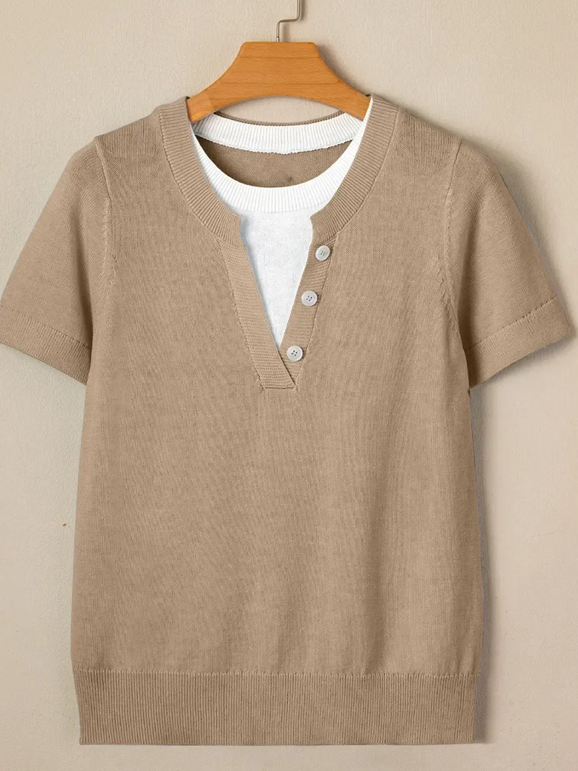 Women's Everyday Contrast Trim V Neck Knit Short Sleeve Blouse