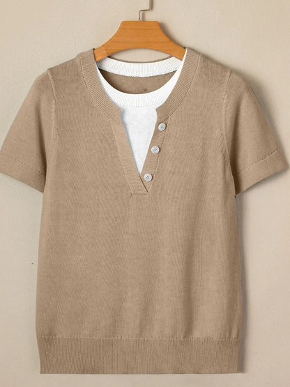 Women's Everyday Contrast Trim V Neck Knit Short Sleeve Blouse