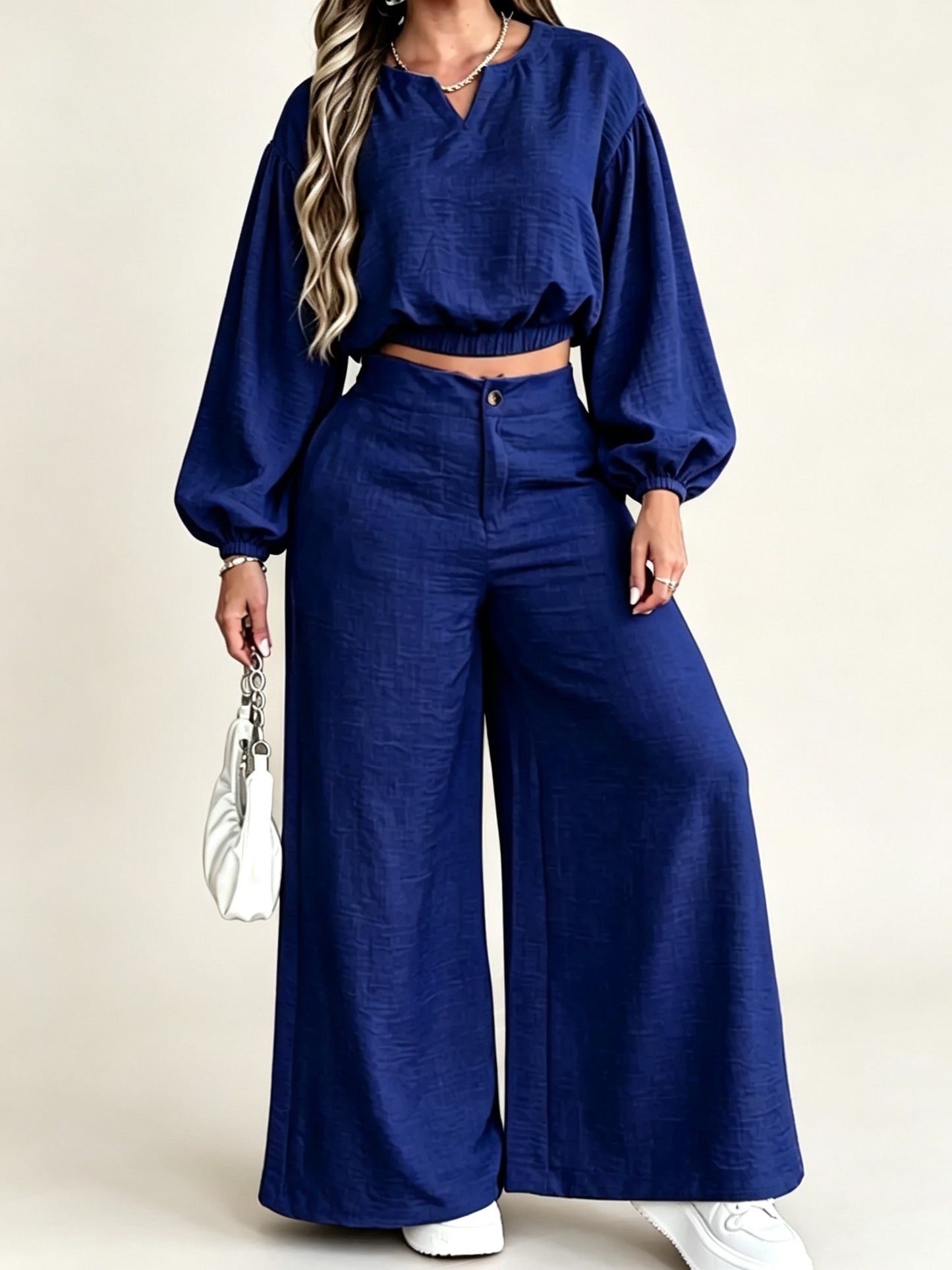 Women's Elastic Cuff Crop Top Wide Leg Trousers Matching Set