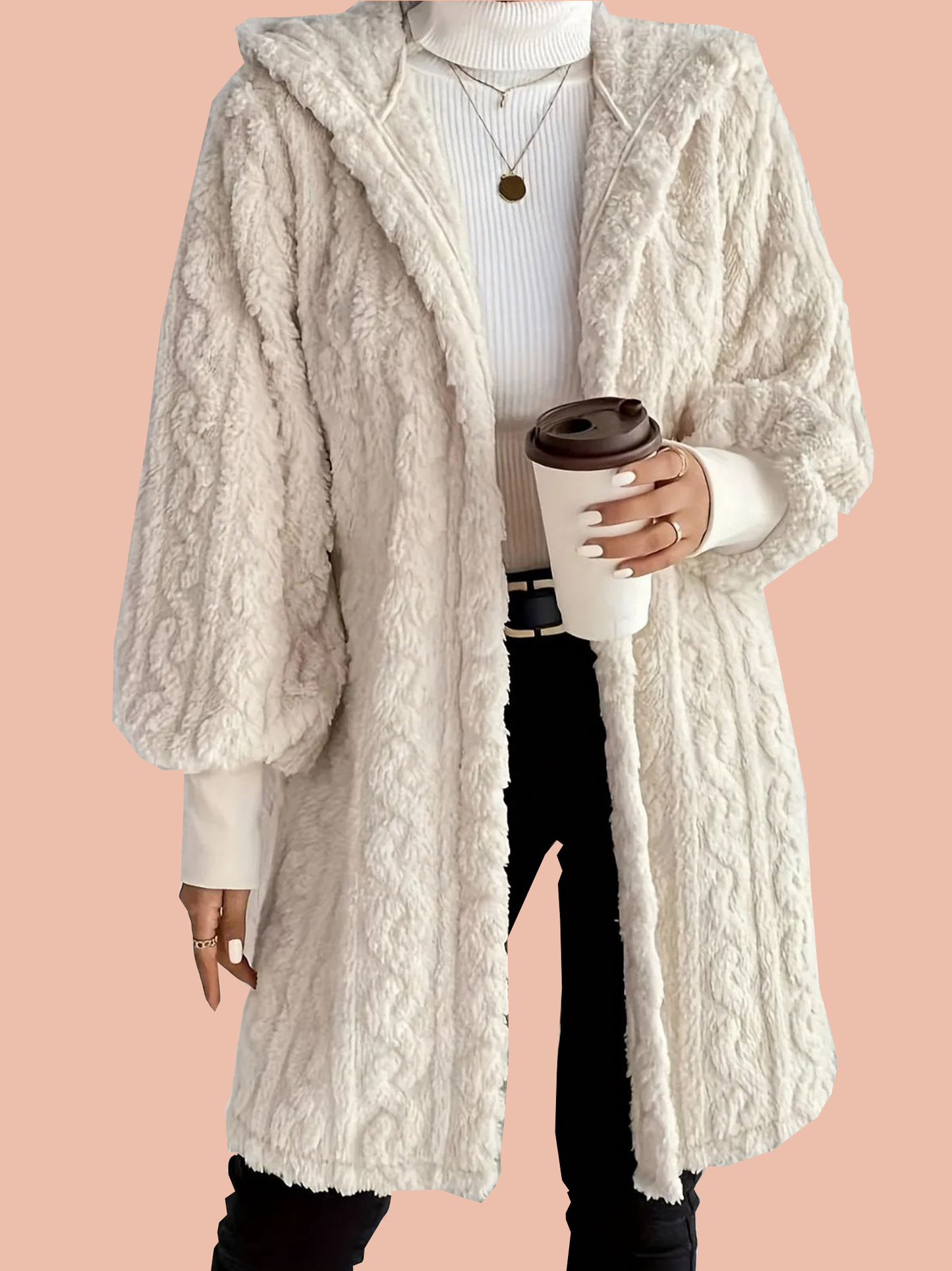 Women's Plush Fleece Soft Midi-Length Jacket with Pockets