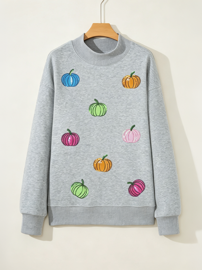 Women's Sequin Pumpkin Mock Neck Fall Sweatshirt
