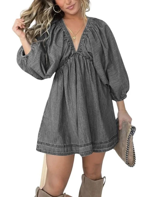 Women's V-Neck Solid Denim Garment Dress