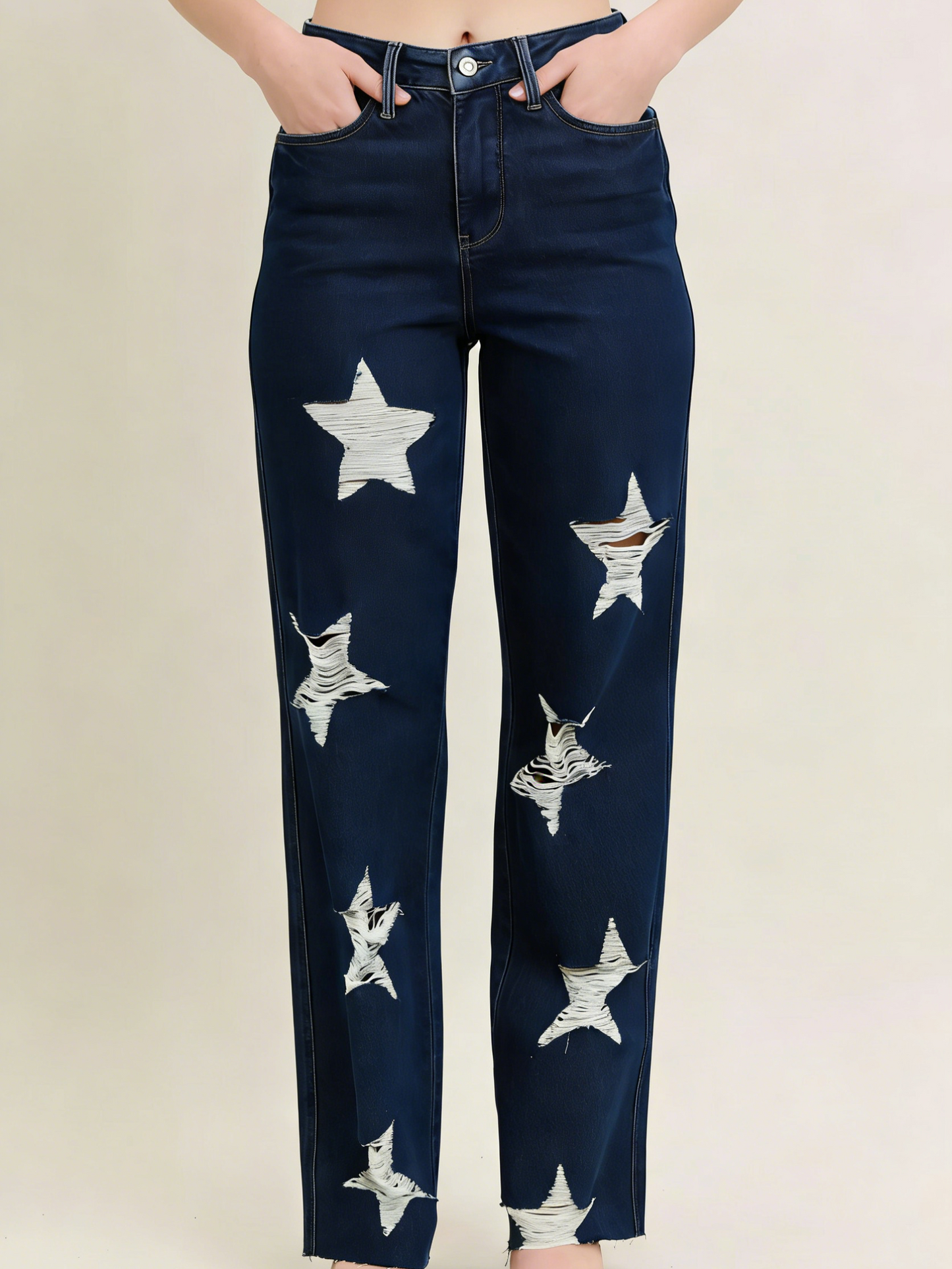 Women's Ripped Star Pattern Straight-Leg Denim Pants