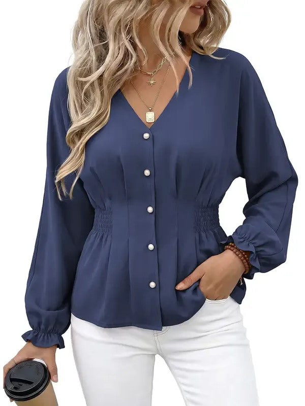 Women's Fitted V Neck Button Long Sleeve Solid Color Blouse